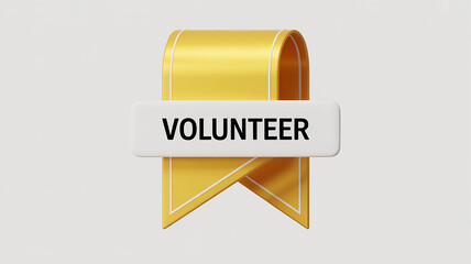 Golden ribbon with a white rectangular tag displaying the word VOLUNTER volunteer