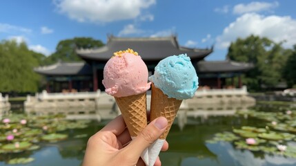 Delightful ice cream cones in a serene garden