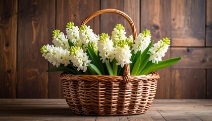 A rustic wicker basket overflows with clusters of white, fragrant blossoms and vibrant green foliage set against a dark wooden background