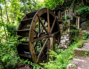 A rustic wooden water wheel stands beside a stone structure, surrounded by lush green foliage in a wooded environment