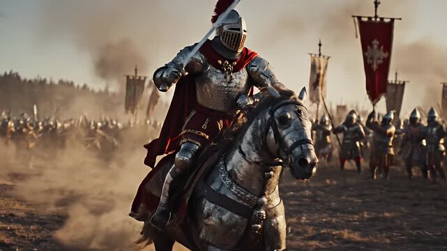 Knight Leading Army - A knight in full armor, helmet, and red cape rides a horse while brandishing a sword. He leads a large army into battle across a dusty field with banners.