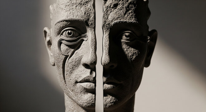 Artistic exploration of the human condition through a split-face sculpture, symbolizing contrasting aspects of self and existence, evoking introspection