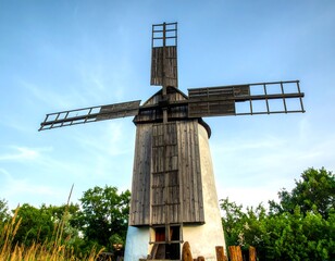 A rustic windmill stands tall against a blue sky, its weathered wooden blades poised. Green trees partially surround the structure