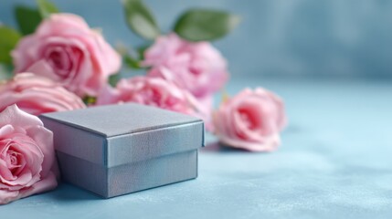 Elegant Gift Box Surrounded by Delicate Pink Roses on Soft Blue Background
