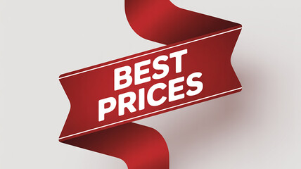 Red ribbon banner with white text BESTPRICES angled on a light grey background