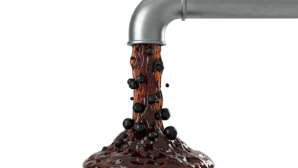 Liquid pouring from pipe with spheres