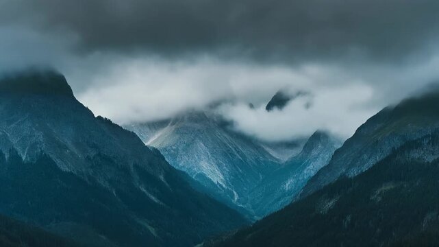 A dramatic landscape featuring towering mountains partially shrouded in mist, with dark shadows and a foreboding atmosphere. The peaks are partially concealed, creating a sense of mystery and grandeur