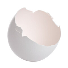 A closeup of a cracked brown chicken egg shell isolated on white, showing a broken raw ingredient with a yellow yolk and fragile empty eggshell for breakfast food