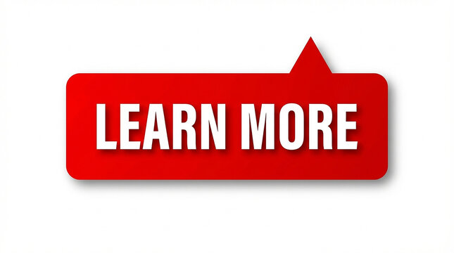 Red speech bubble with white text LEARNMORE on white background learn more