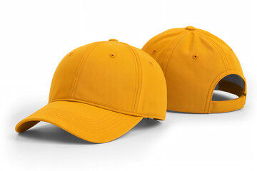 Fototapeta premium Two blank golden yellow baseball caps mockup displayed against white background