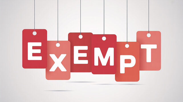 Six red hanging tags spelling EXEMPT with snowflakes exempt exemption