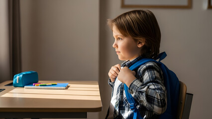 Child adjusting backpack straps at desk for school readiness