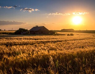 A rustic wooden barn sits amidst a golden field of wheat bathed in the warm glow of a setting sun. The sky is a blend of colors