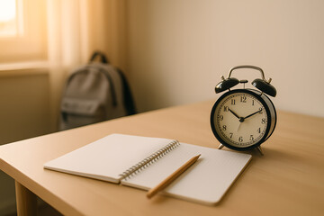 Morning school preparation with desk clock and backpack on floor