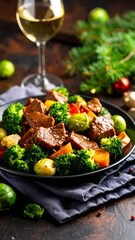 A savory plate of meat and roasted vegetables is set for a special occasion next to a glass of wine and evergreen branches