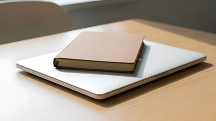 Closed laptop with notebook on top for modern education concept