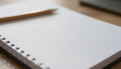 Open spiral notebook with blank white pages on wooden desk.