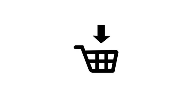 Black shopping cart icon with downward arrow on white background basket trolley