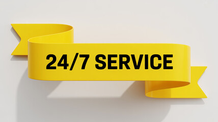 Yellow ribbon banner with 24/7SERVICE in black text 24/7 service twenty four seven