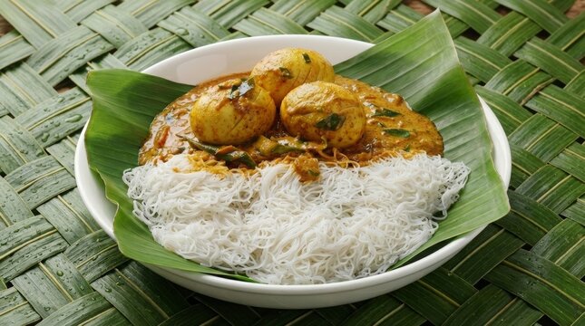 Traditional Kerala Breakfast Idiyappam with Spicy Egg Curry, Steamed Rice Noodles known as Nool Puttu served with Masala Egg Gravy on a White Plate, Authentic South Indian Cuisine, Healthy Meal