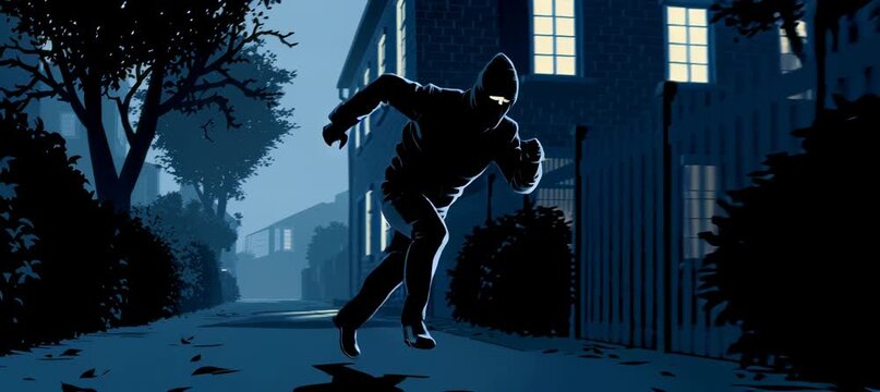 Balaclava burglar running away at street alley at night. Generative video AI technology.