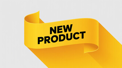 Yellow ribbon banner with black text NEWPRODUCT on white background Keywords: new