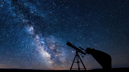 Teen gazing through telescope under starry night sky, silhouetted against the Milky Way galaxy, capturing the vastness of space in a tranquil outdoor setting, looking
