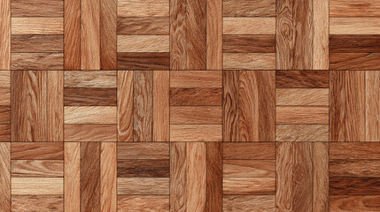 A close-up view of a beautifully patterned wooden floor, showcasing the natural grain and texture. The design is geometric, with a mix of light and dark brown planks