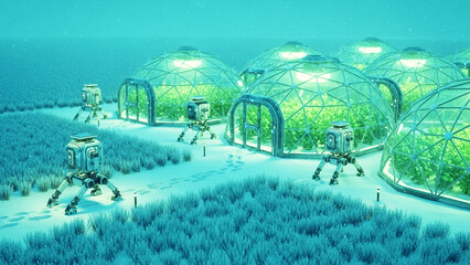 Robots exploring futuristic underwater greenhouses on distant planet