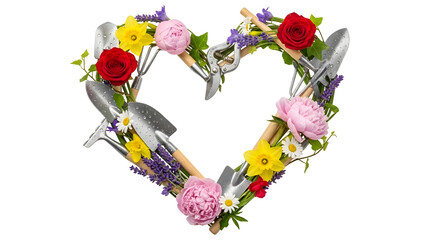 A heart shaped wreath of garden tools and flowers signifying a love for gardening