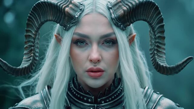 A fantasy portrait features a woman with elaborate horns, long white hair, and elven ears. She wears a silver breastplate with piercing blue eyes