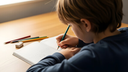 Child writing in notebook at desk with over the shoulder view