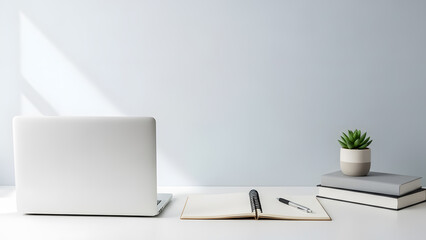 Closed laptop with notebook on desk for digital education banner