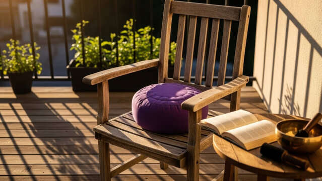 Serene hotel balcony with meditation setup featuring a wooden chair and purple cushion, surrounded by plants in warm sunlight, woman meditating - Powered by Adobe
