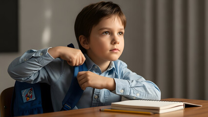 Child adjusting backpack straps at desk for school readiness
