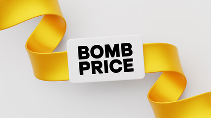 Yellow ribbon with white rectangle displaying BOMBPRICE text bomb price sale