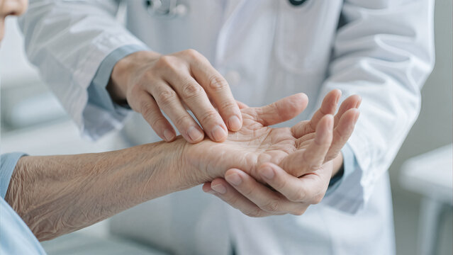 medical professional examining senior hand palm sensitivity nerve test hospital