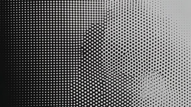 A geometric composition in grayscale, featuring a gradient from black to white. Numerous dots create a patterned effect with the abstract forms