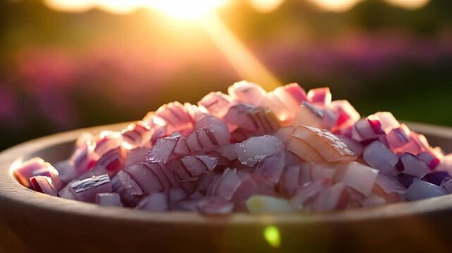 Chopped onions gleam in a wooden bowl, illuminated by the gentle light of the setting sun. This colorful scene highlights the fresh onions, creating a beautiful culinary display. (178)