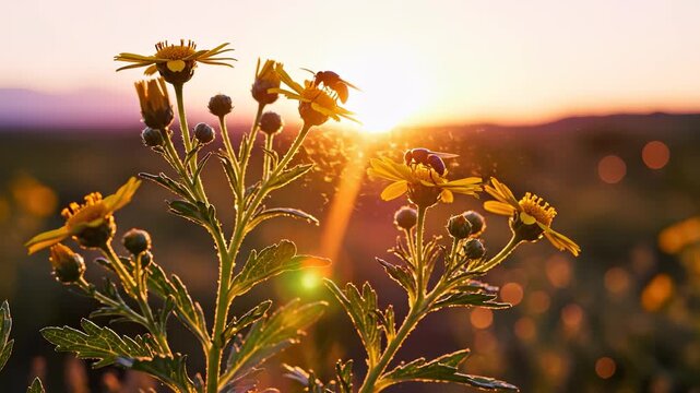 Bright yellow flowers bloom under the warm glow of the setting sun, attracting bees to their vibrant petals. These flowers create a lively scene in the serene natural landscape. (180)