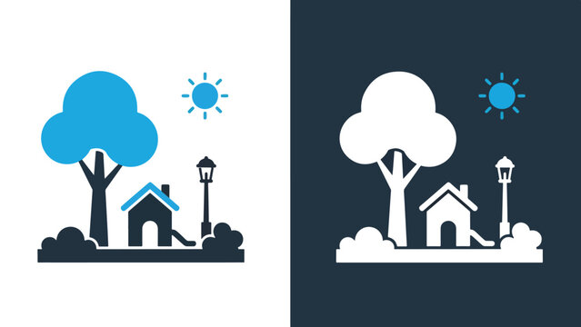 Winter home village scene flat design vector illustration. Blue icon bundle. Line and glyph icon set. Outline and solid icon collection. Editable Stroke Flat Vector