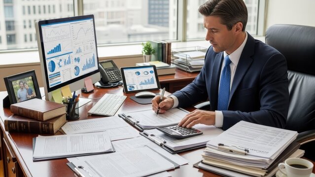 Businessman working at office desk.