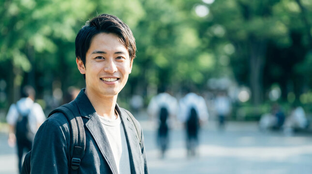 新緑の公園で私服姿で笑顔の日本人男子大学生