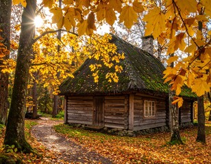 A rustic wooden cabin nestled amidst vibrant autumn foliage, with a winding path leading to the entrance