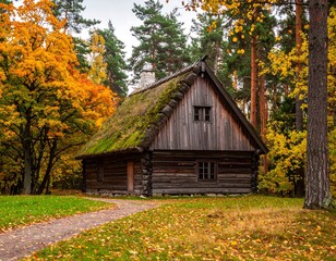 A rustic wooden cabin nestled amidst vibrant autumn foliage with a moss-covered roof and a path leading up to its entrance
