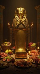 Ornate golden sarcophagus stands central to a richly laden feast table in a dimly lit chamber.