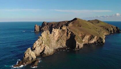 A scenic aerial shot showcasing a rugged, isolated island emerging from the vast ocean. The island's terrain is rocky, with hints of greenery