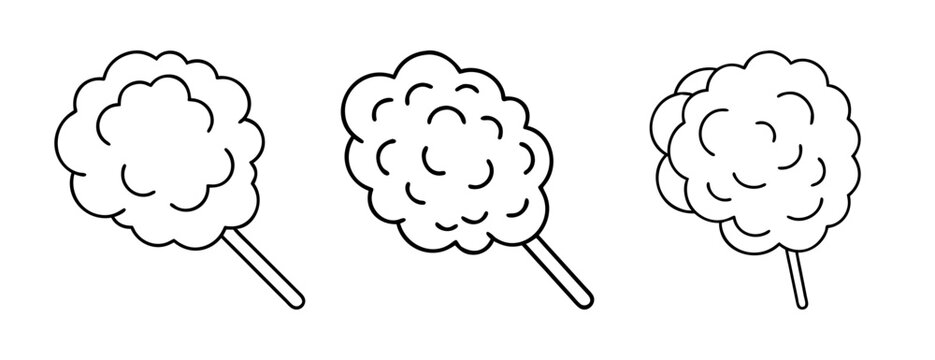 Three simple black and white outline illustrations of fluffy cotton candy