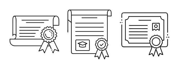Collection of three outline certificate icons with ribbons and seals