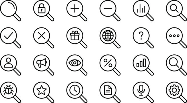 Magnifying Glass Icons Set Featuring Search, Data, Security, Communication, and User Interface Symbols for Digital Design
